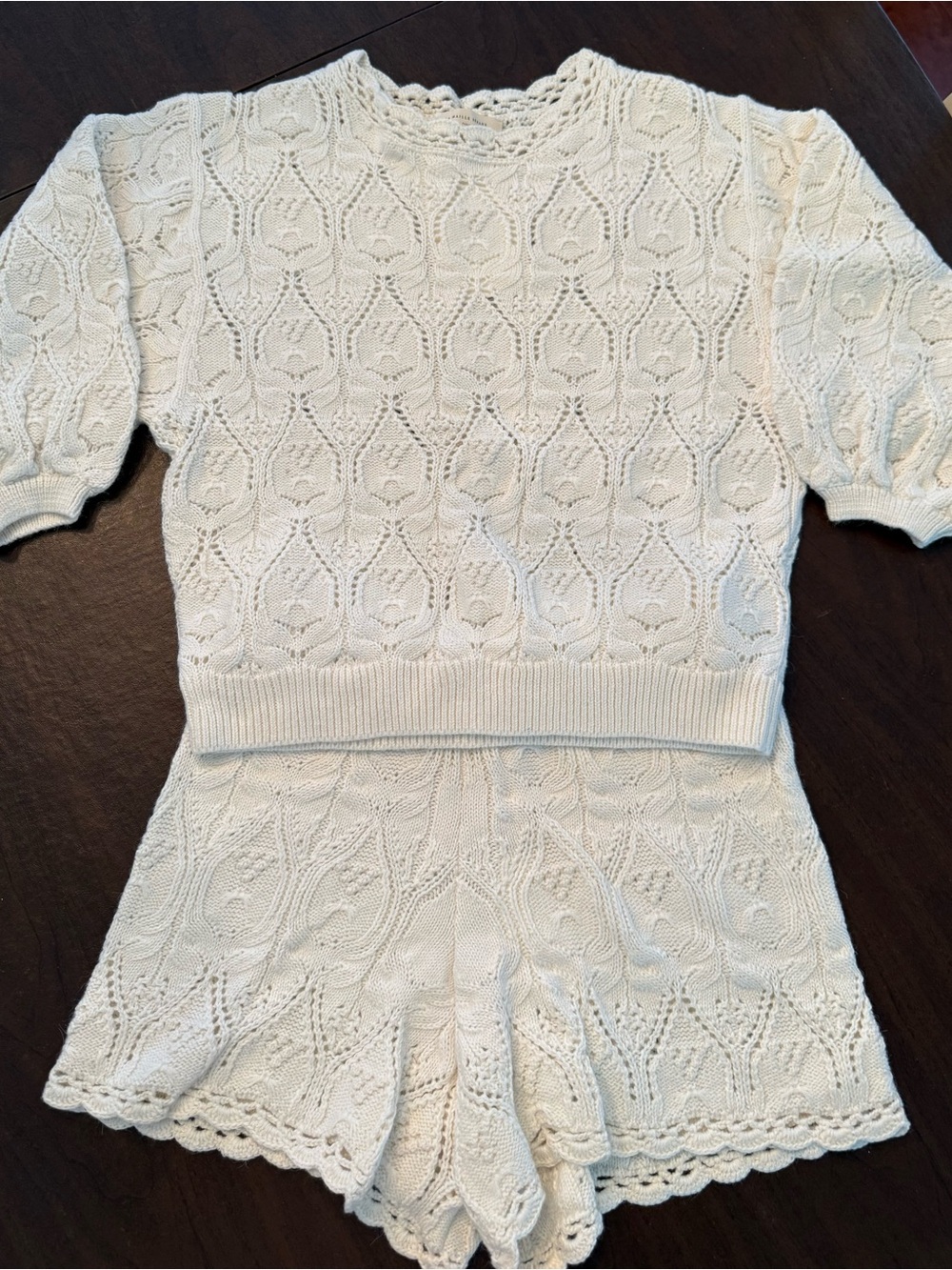 Sezane Cream Short-Sleeve Crochet Knit Top (XS) and Knit Shorts (S)